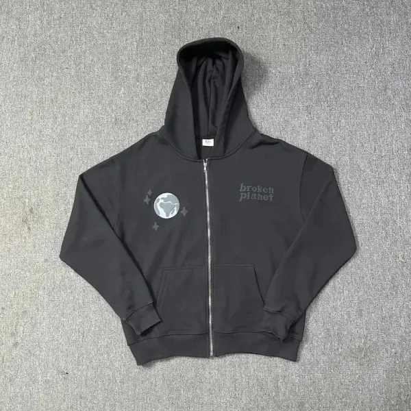Broken Planet Earth Graphic Zip-Up Hoodie Black - 1