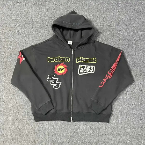 Broken Planet Earth Graphic Zip-Up Hoodie Black - 7