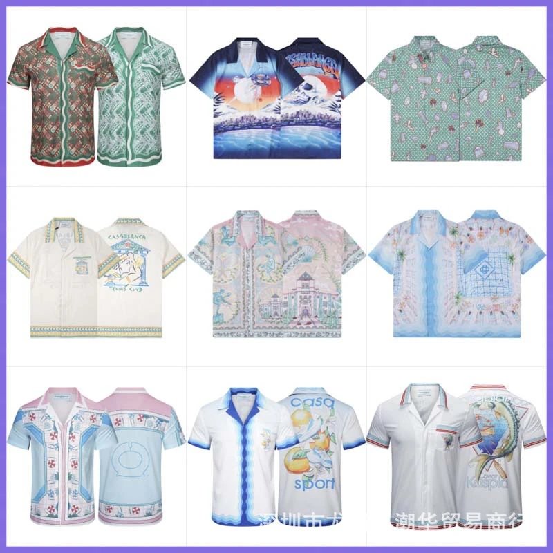 2025夏季Casa卡萨布兰卡衬衫沙滩满身logo印花短袖衬衫开衫男女夏