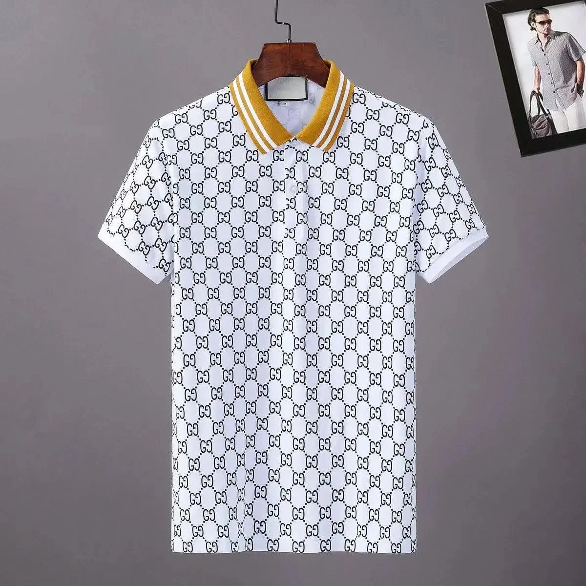 Men's Lapel Piqué Cotton Print Short Sleeve Polo Shirt Fashion