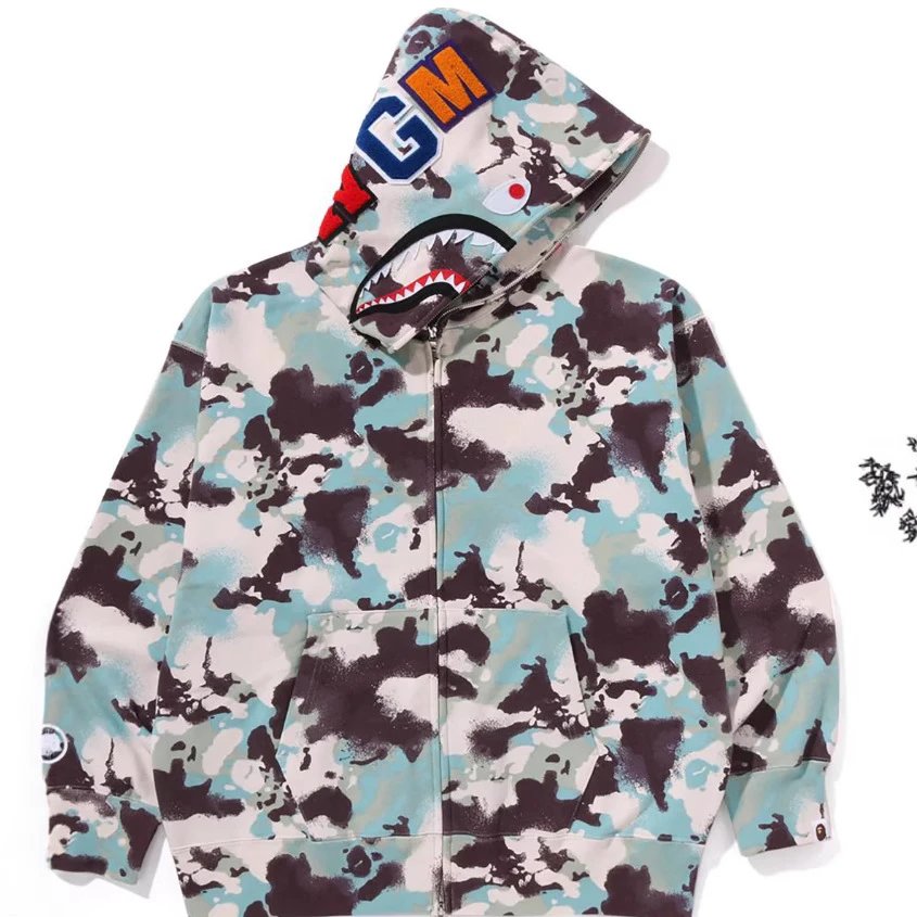 2025年欧美春季新款潮牌迷彩拉链连帽卫衣帽衫鲨鱼头宽松男女同款