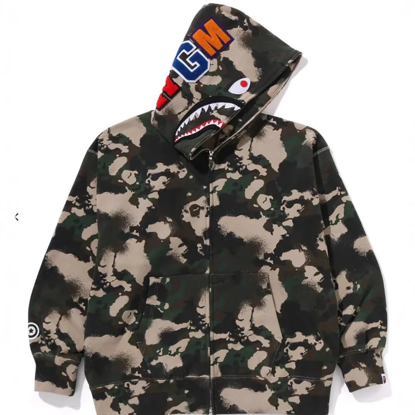 2025年欧美春季新款潮牌迷彩拉链连帽卫衣帽衫鲨鱼头宽松男女同款