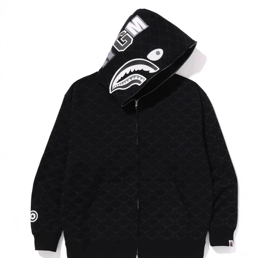 2025年欧美春季新款潮牌迷彩拉链连帽卫衣帽衫鲨鱼头宽松男女同款