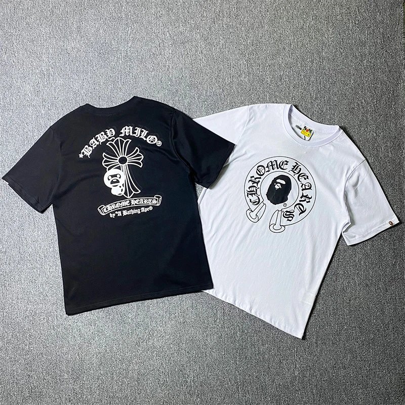 BAPE Cross border Foreign Trade Short Sleeve Cross Little Monkey Sanskrit Printed Trendy Loose Cotton Round Neck Men's and Women's T-shirts