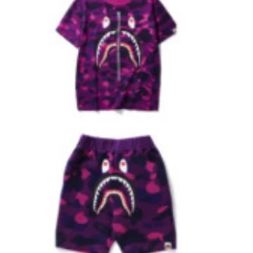 🔥2023日系bape鲨鱼头迷彩时尚青少年运动短袖套装T恤3d数码印花