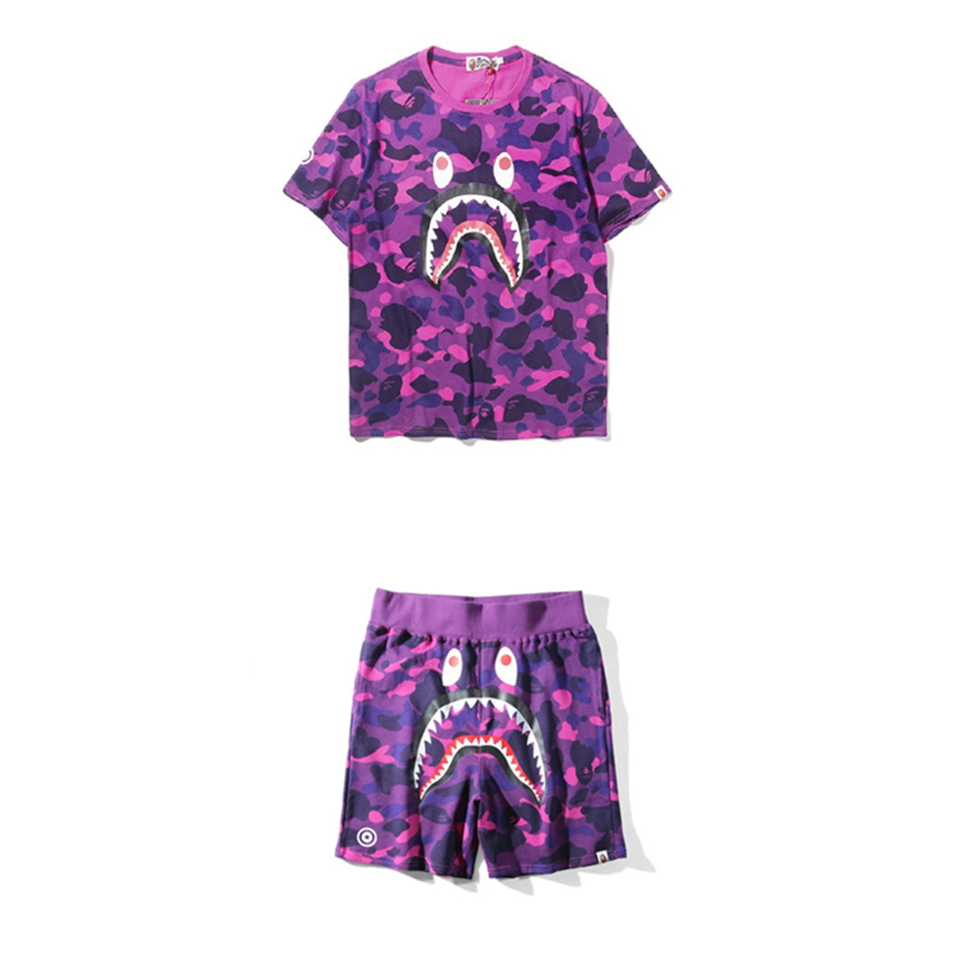 🔥2023日系bape鲨鱼头迷彩时尚青少年运动短袖套装T恤3d数码印花