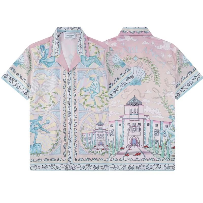 2025夏季Casa卡萨布兰卡衬衫沙滩满身logo印花短袖衬衫开衫男女夏