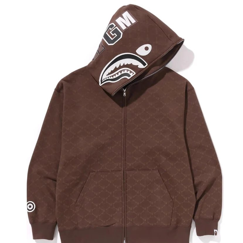 2025年欧美春季新款潮牌迷彩拉链连帽卫衣帽衫鲨鱼头宽松男女同款