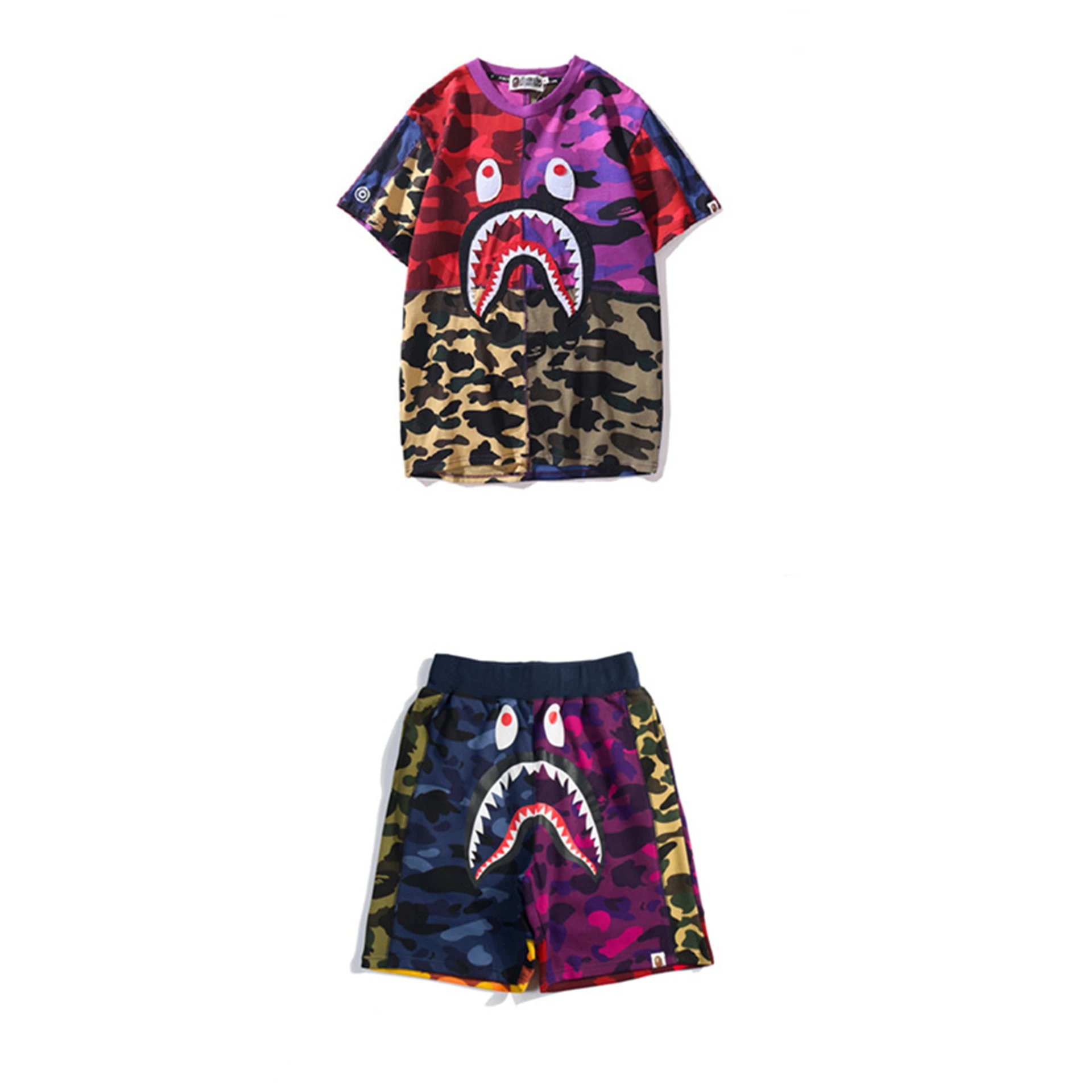 🔥2023日系bape鲨鱼头迷彩时尚青少年运动短袖套装T恤3d数码印花