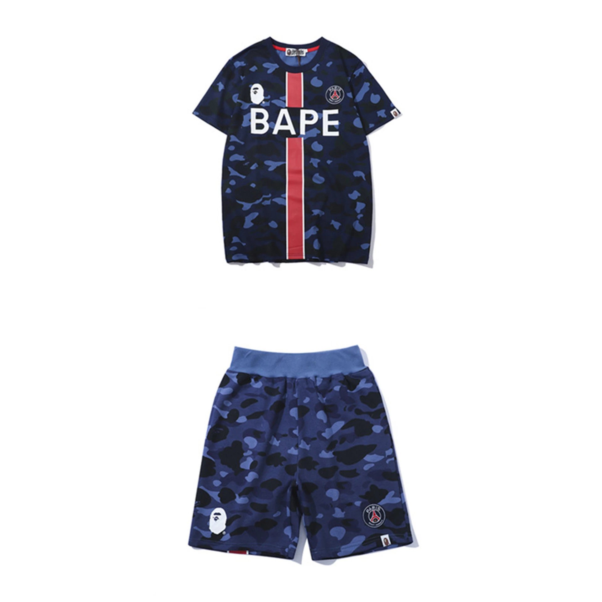 🔥2023日系bape鲨鱼头迷彩时尚青少年运动短袖套装T恤3d数码印花