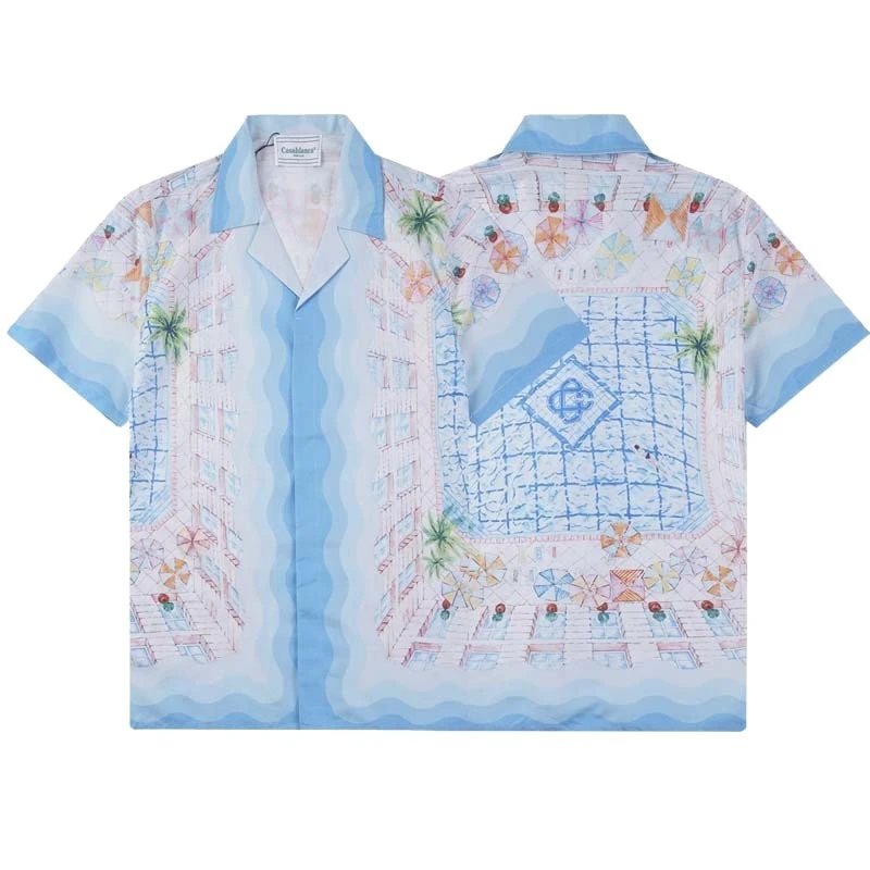 2025夏季Casa卡萨布兰卡衬衫沙滩满身logo印花短袖衬衫开衫男女夏