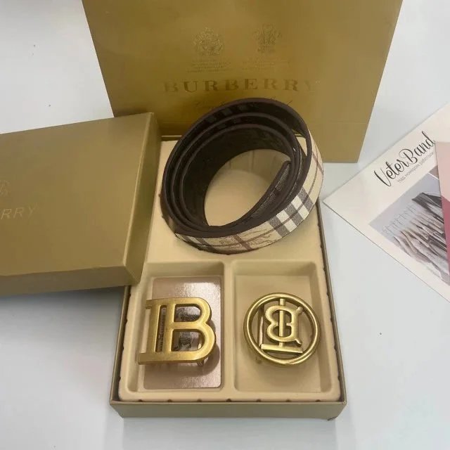 Burberry Reversible Check Belt with Gold Buckle Brown