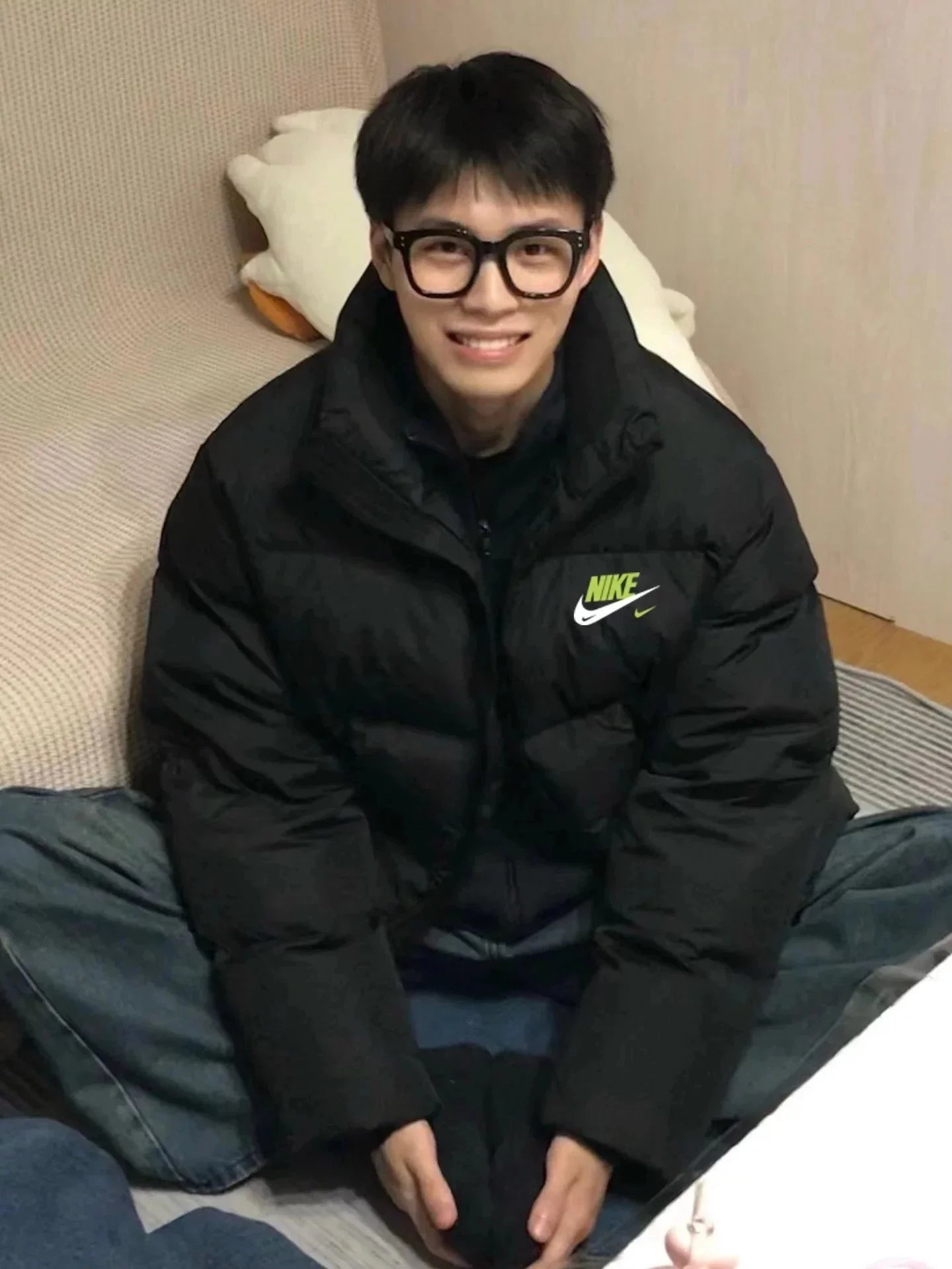 Nike Puffer Jacket Black with Green Swoosh Black