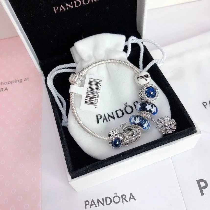 Pandora Snake Chain Bracelet Purple Charm Silver Filigree