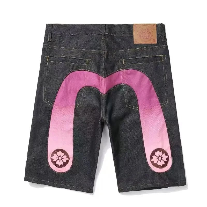Evisu Evisu U-Joint Denim Shorts with Pink Floral Design Blue