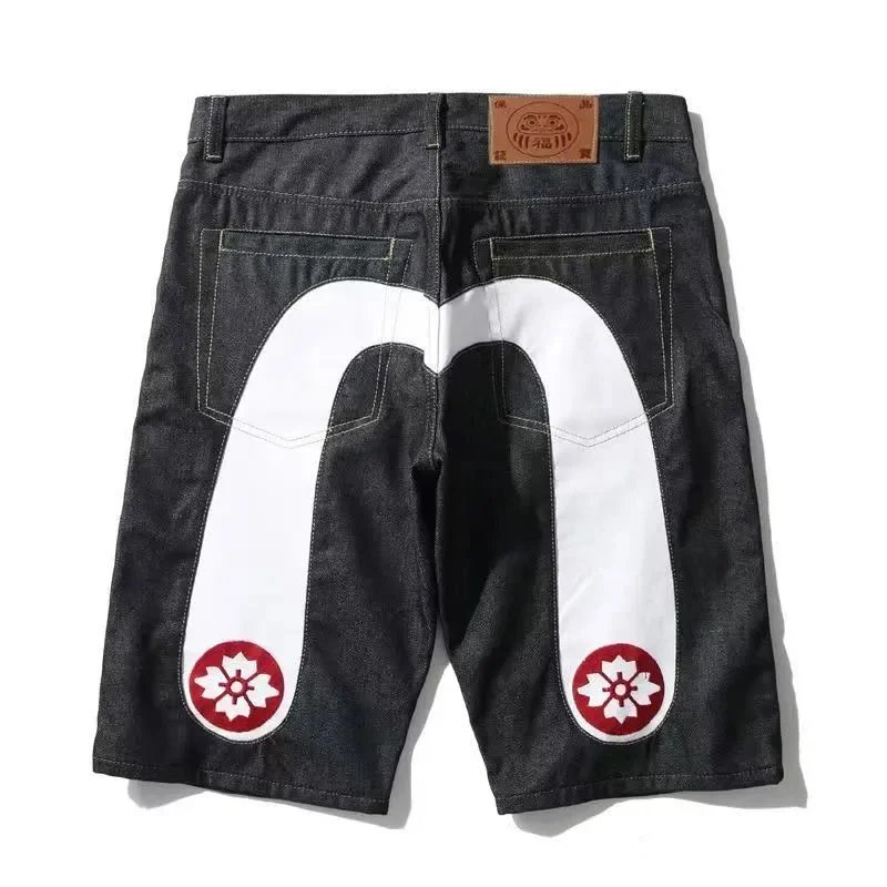 Evisu Evisu E-Five Denim Shorts with Cherry Blossom Patch Black