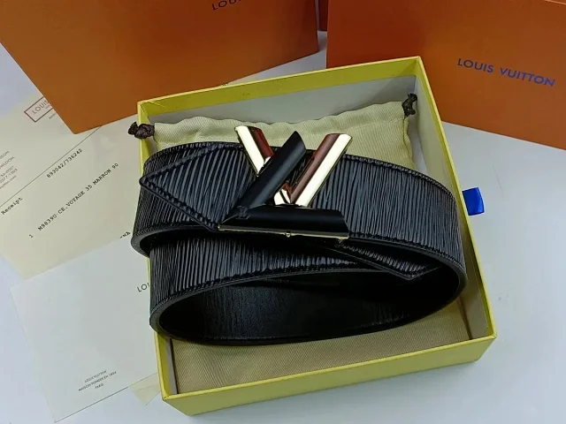 Louis Vuitton Belts Black textured belt with LV initial buckle product detail image 10