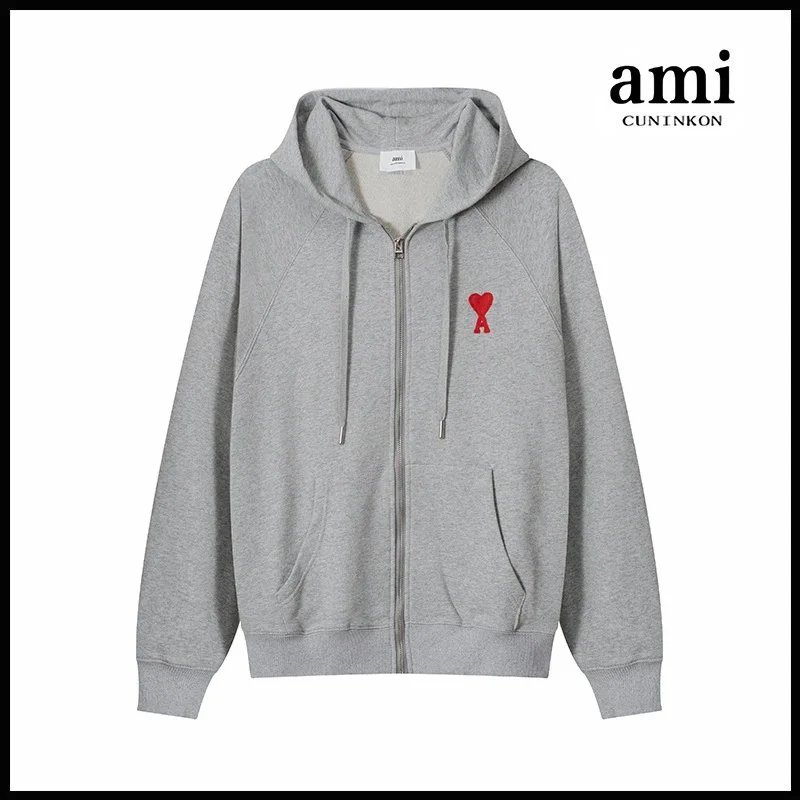 Ami Cuninkon AMI CUNINKON Grey Zip-Up Hoodie with Red Heart Logo Grey