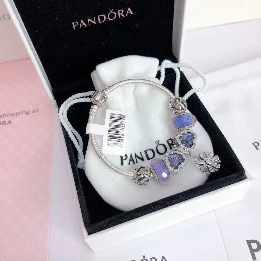 Pandora Snake Chain Bracelet Purple Charm Silver Filigree