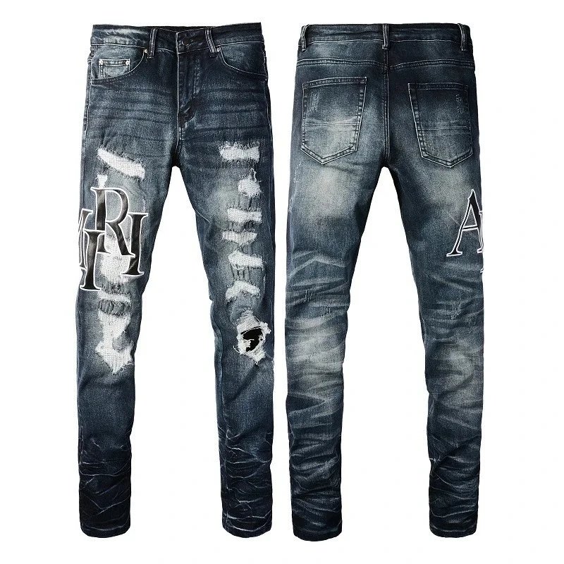 Armani Armani Jeans Slim Fit Distressed Denim with Graphic Print Blue