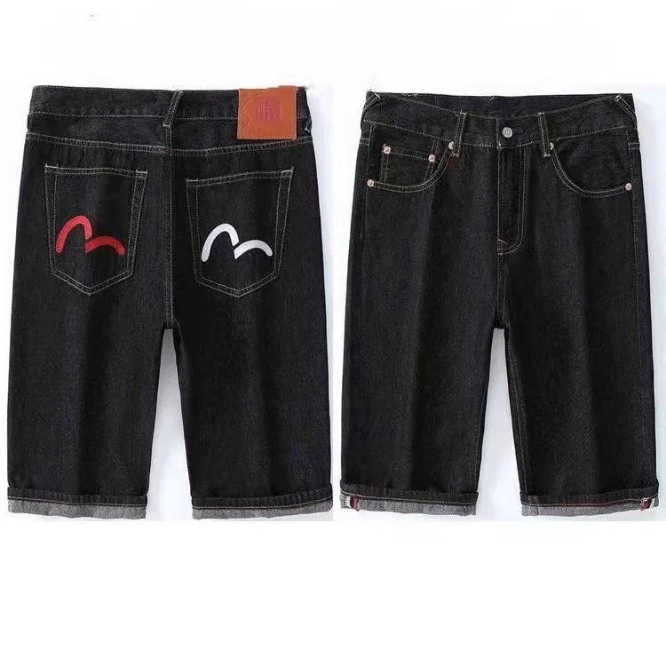 Evisu Denim Shorts Black Blue Embroidered Graphic Streetwear