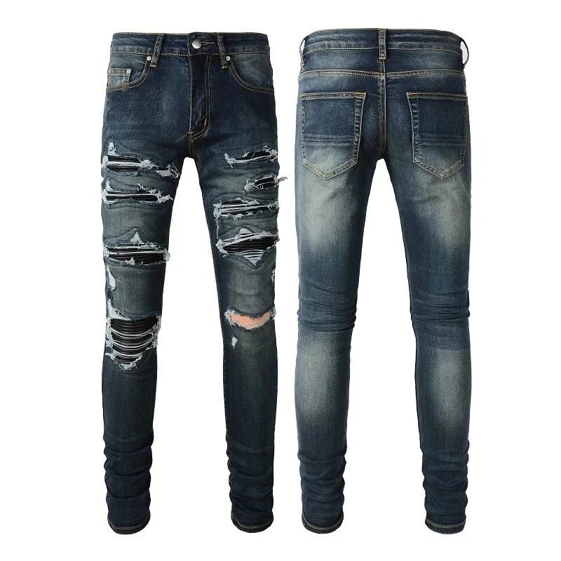 Distressed Denim Jeans Light Blue Ripped Graphic Slim Fit