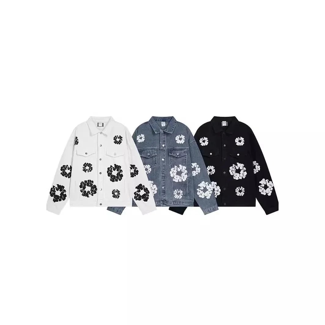 Denim Jacket And Pants Set White Blue Black Floral Embroidered Streetwear