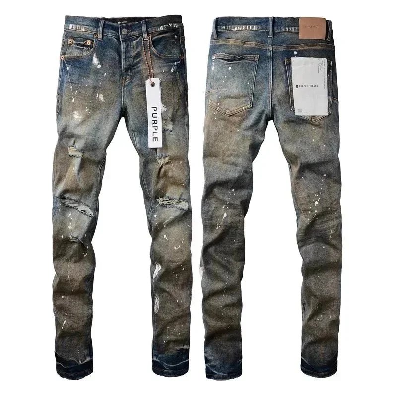 Purple Brand Purple Brand Distressed Slim Fit Jeans with Paint Splatter Design Blue