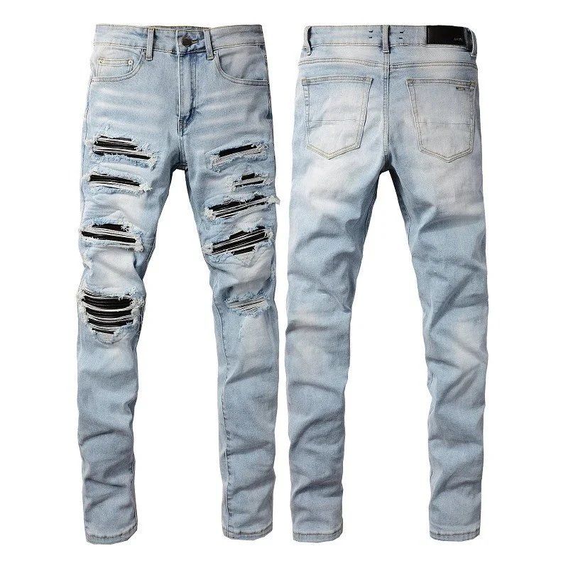 Distressed Denim Jeans Light Blue Ripped Graphic Slim Fit