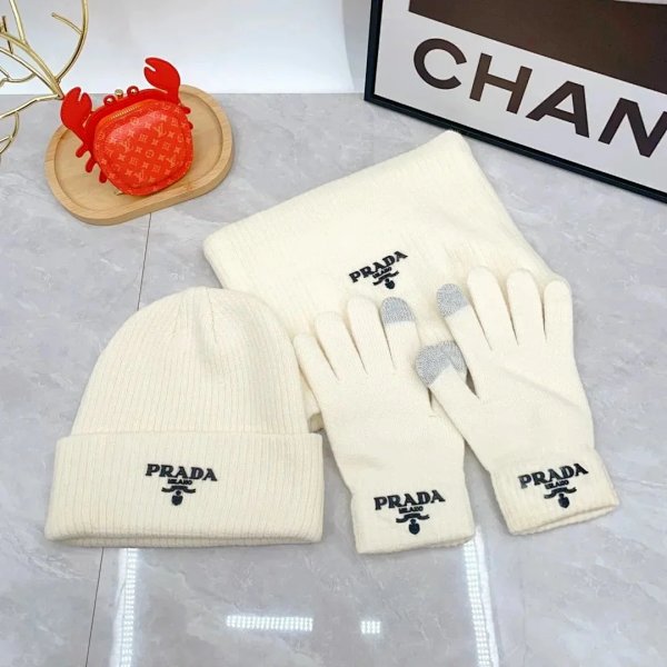 Prada Logo-Embroidered Beige Knit Beanie, Scarf, and Touchscreen Gloves Set Knit Gloves product listing in Litbuy spreadsheet finds