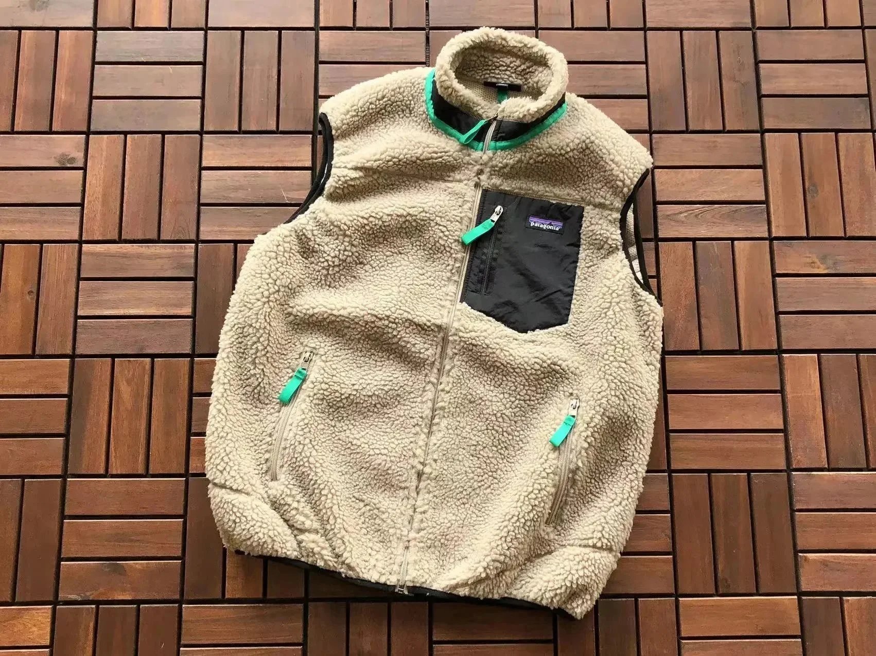 Patagonia Patagonia Fleece Vest in Beige with Green Accents Beige
