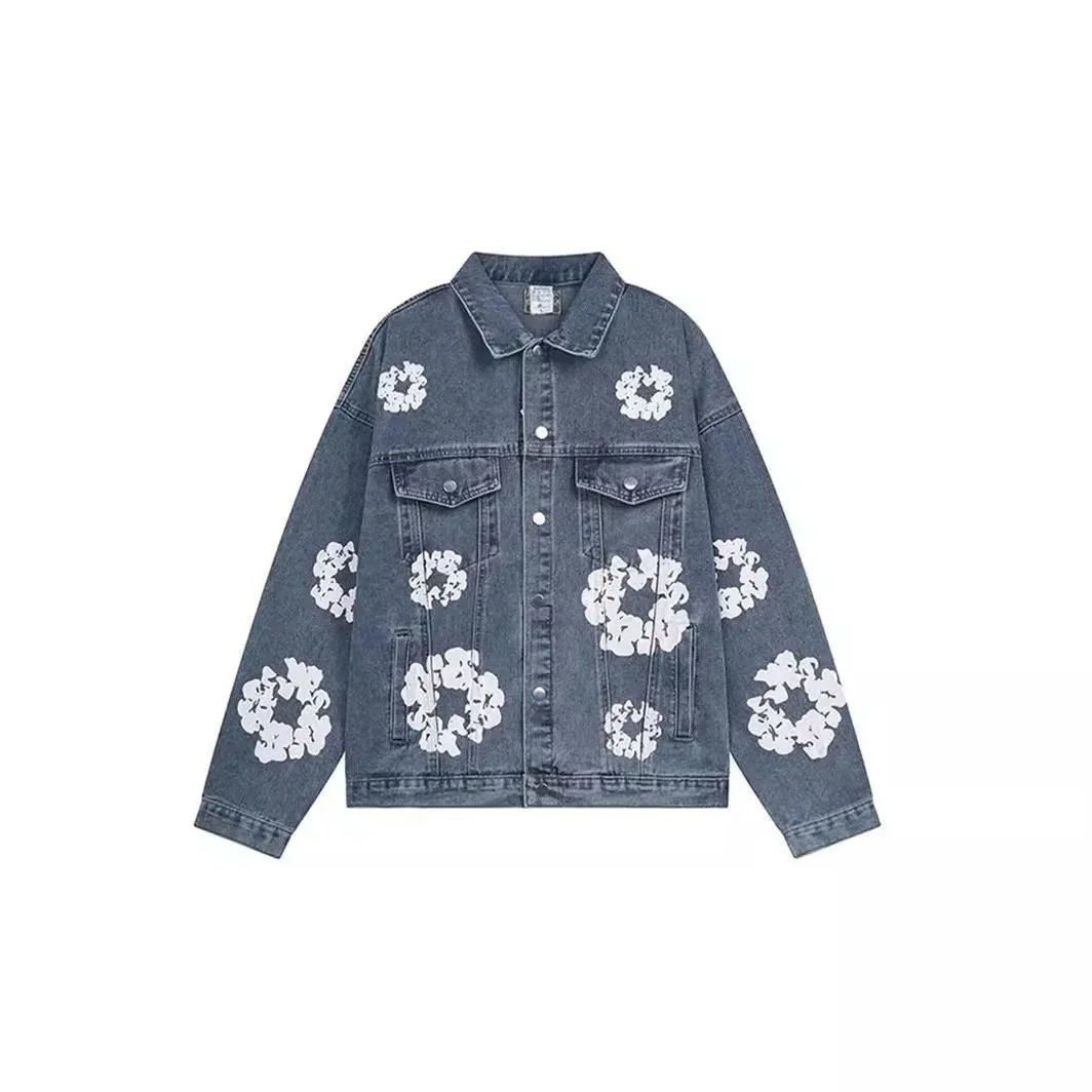 Denim Jacket And Pants Set White Blue Black Floral Embroidered Streetwear