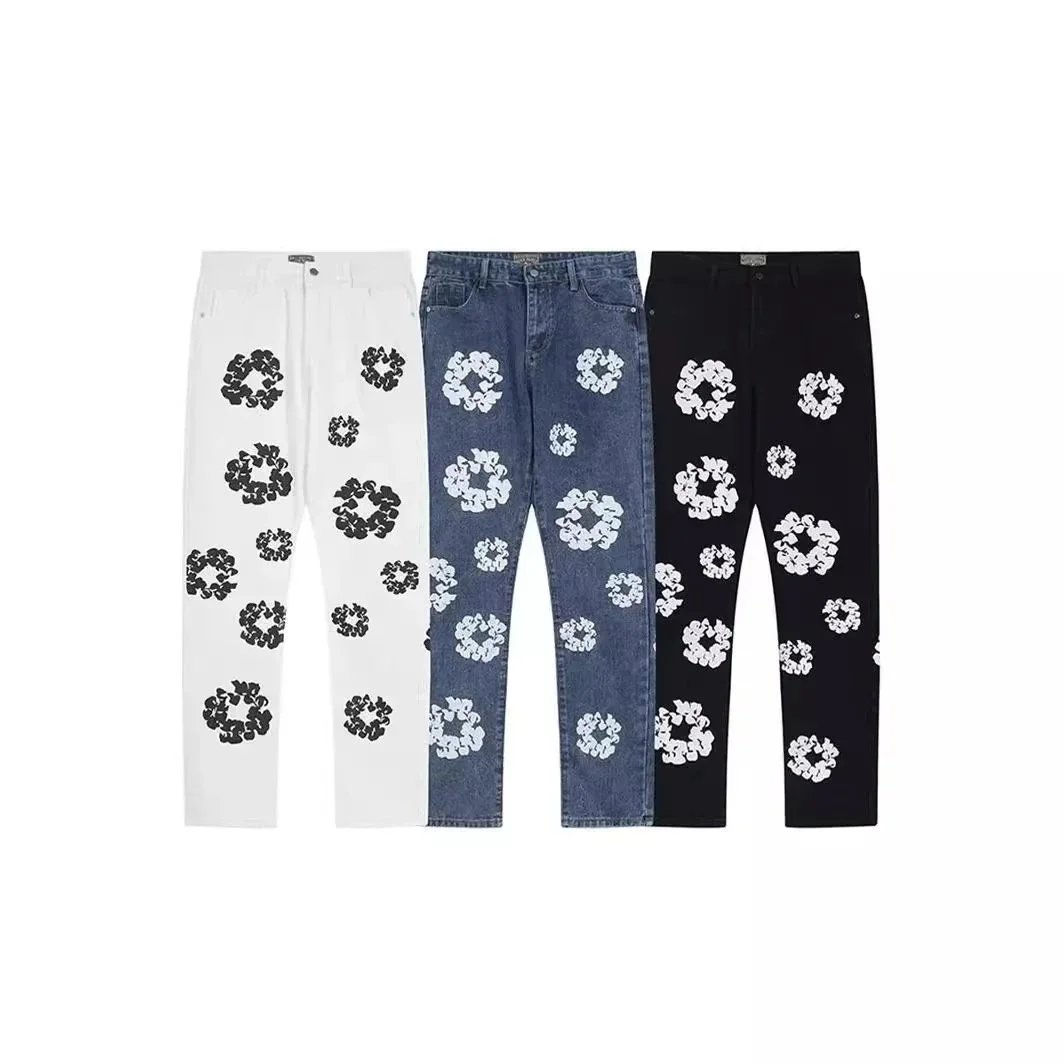Denim Jacket And Pants Set White Blue Black Floral Embroidered Streetwear