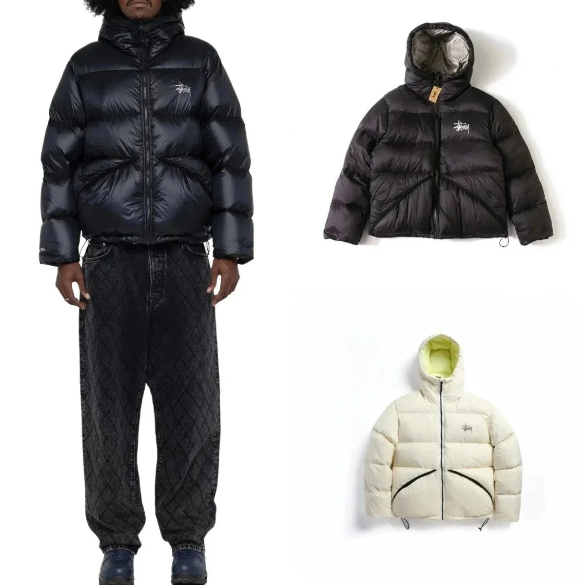 Stussy Puffer Jacket Black Hooded Winter Coat