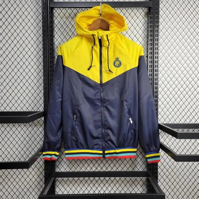 Salvatore Ferragamo Navy and Yellow Windbreaker Jacket with Colorful Striped Cuffs Navy