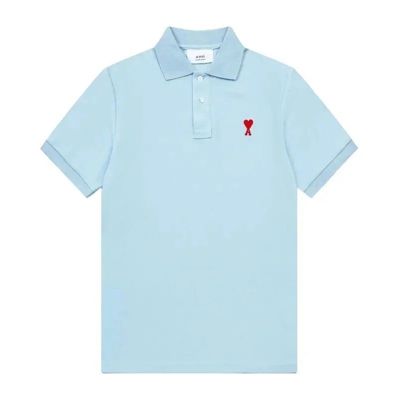 Ami Paris AMI Paris Light Blue Polo Shirt with Red Heart Logo Blue