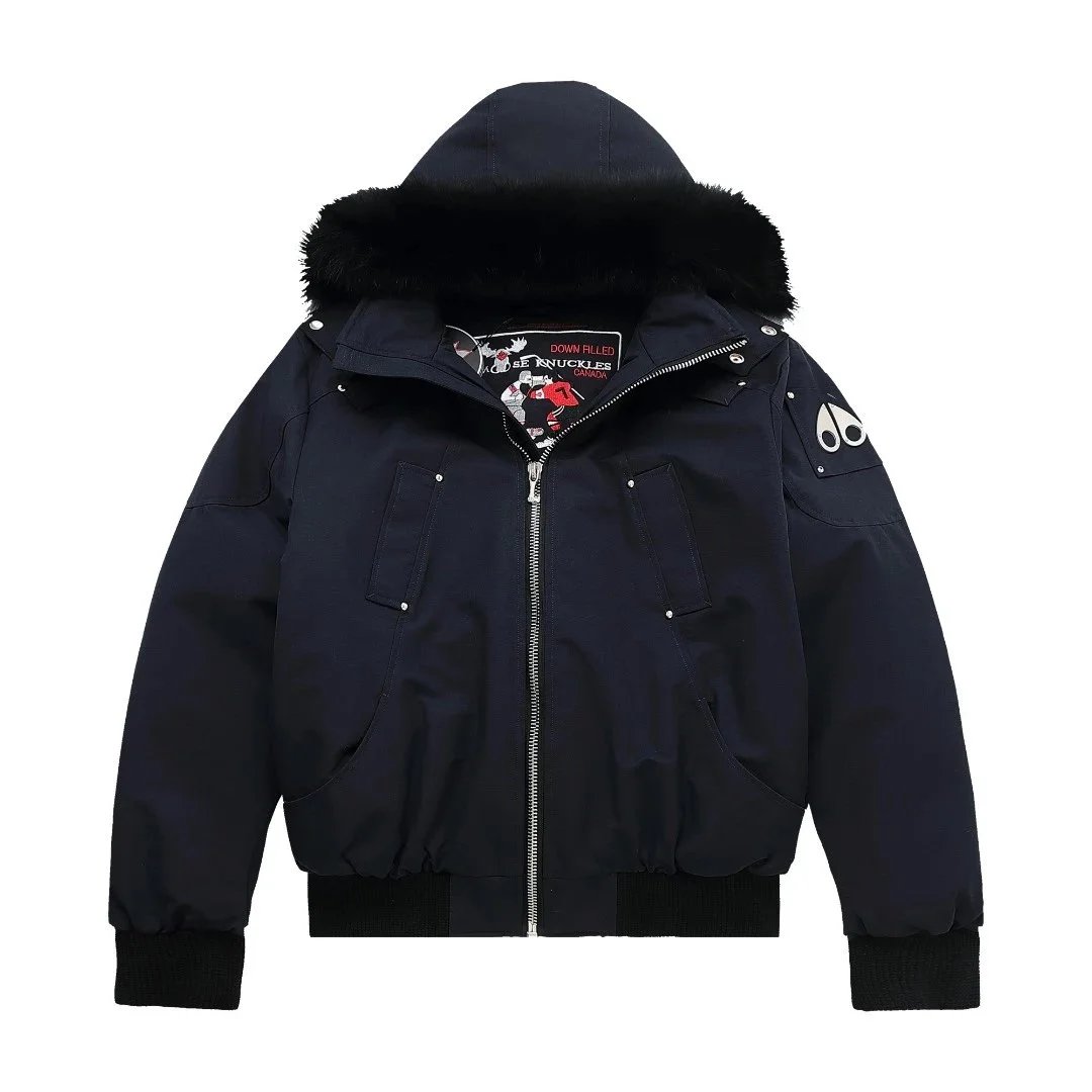 Moose Knuckles Moose Knuckles Navy Blue Bomber Jacket with Fur Trim Navy