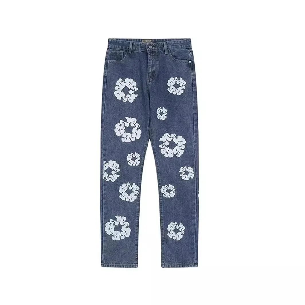 Denim Jacket And Pants Set White Blue Black Floral Embroidered Streetwear