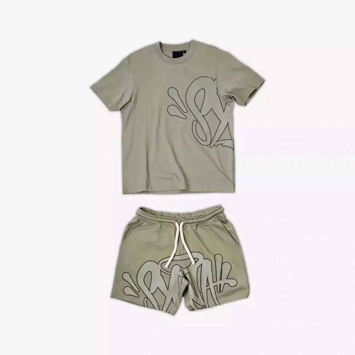 Graffiti Print T-Shirt And Shorts Set Olive Gray Blue Red Streetwear