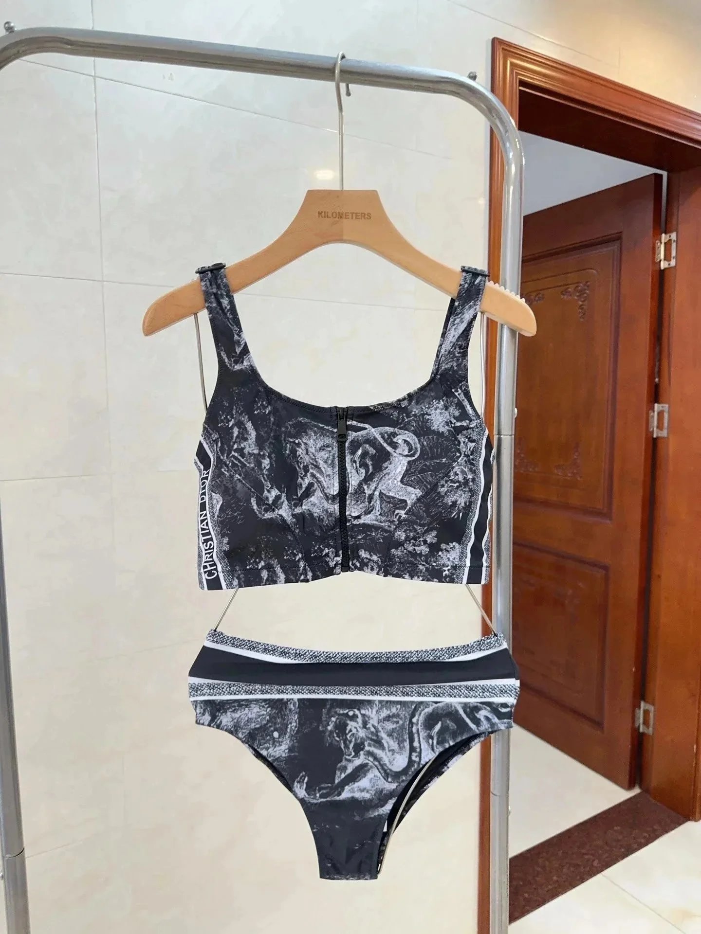 Christian Dior Monogram Print Crop Top & Bikini Bottom Set Black