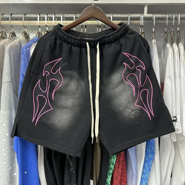 Design Flame-Printed Black Sweat Shorts with Pink Outline - 1