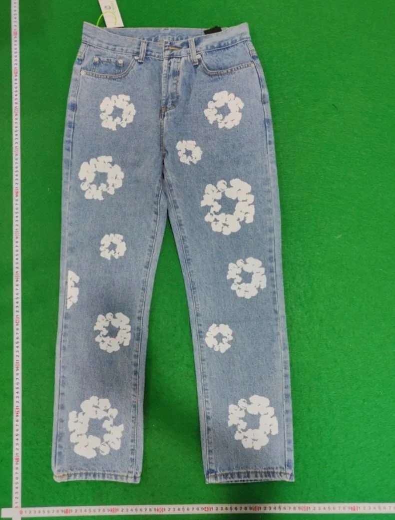 Denim Jeans Light Blue Floral Print Straight Leg