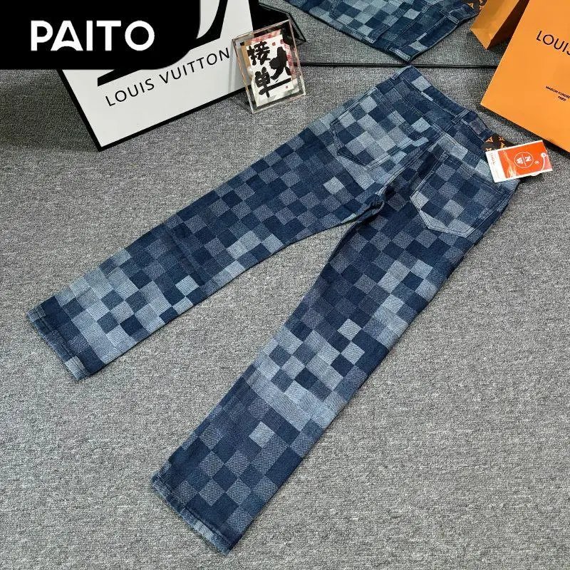 PAITO Paito Men's Checkered Denim Jeans Blue