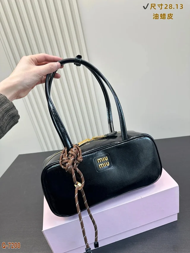 Miu Handbags Zip-Top Bowling Bag with Long Shoulder Strap product detail image 5