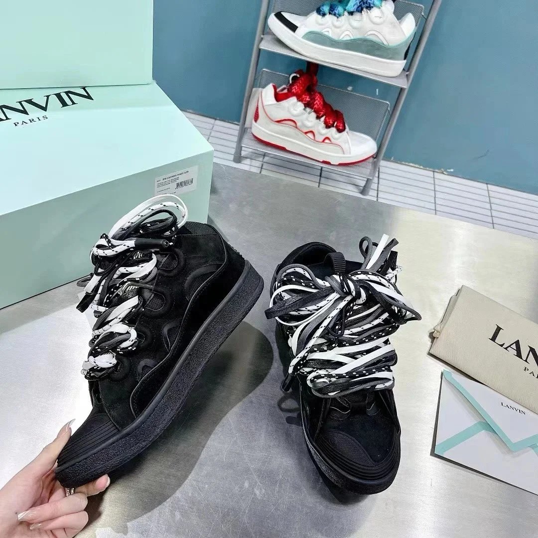 Lanvin Black White Striped Lace-Up Chunky Sneakers