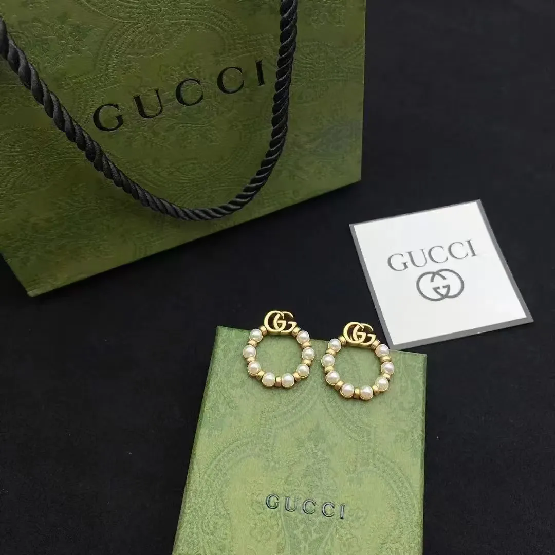 Gucci Gold Pearl Hoop Earrings