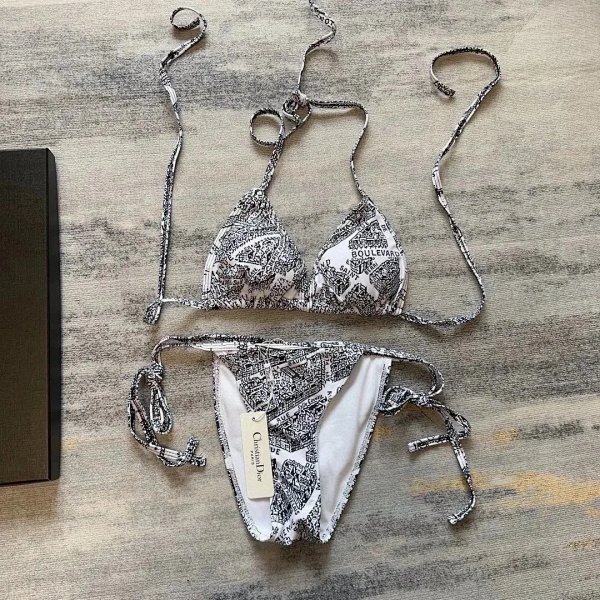 Dior Map Print Triangle Bikini Set White / Black Swimwear product listing in Litbuy spreadsheet finds
