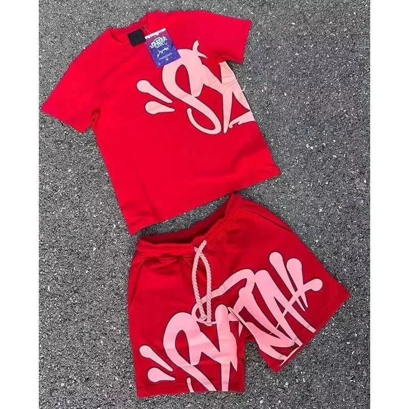 Graffiti Print T-Shirt And Shorts Set Olive Gray Blue Red Streetwear