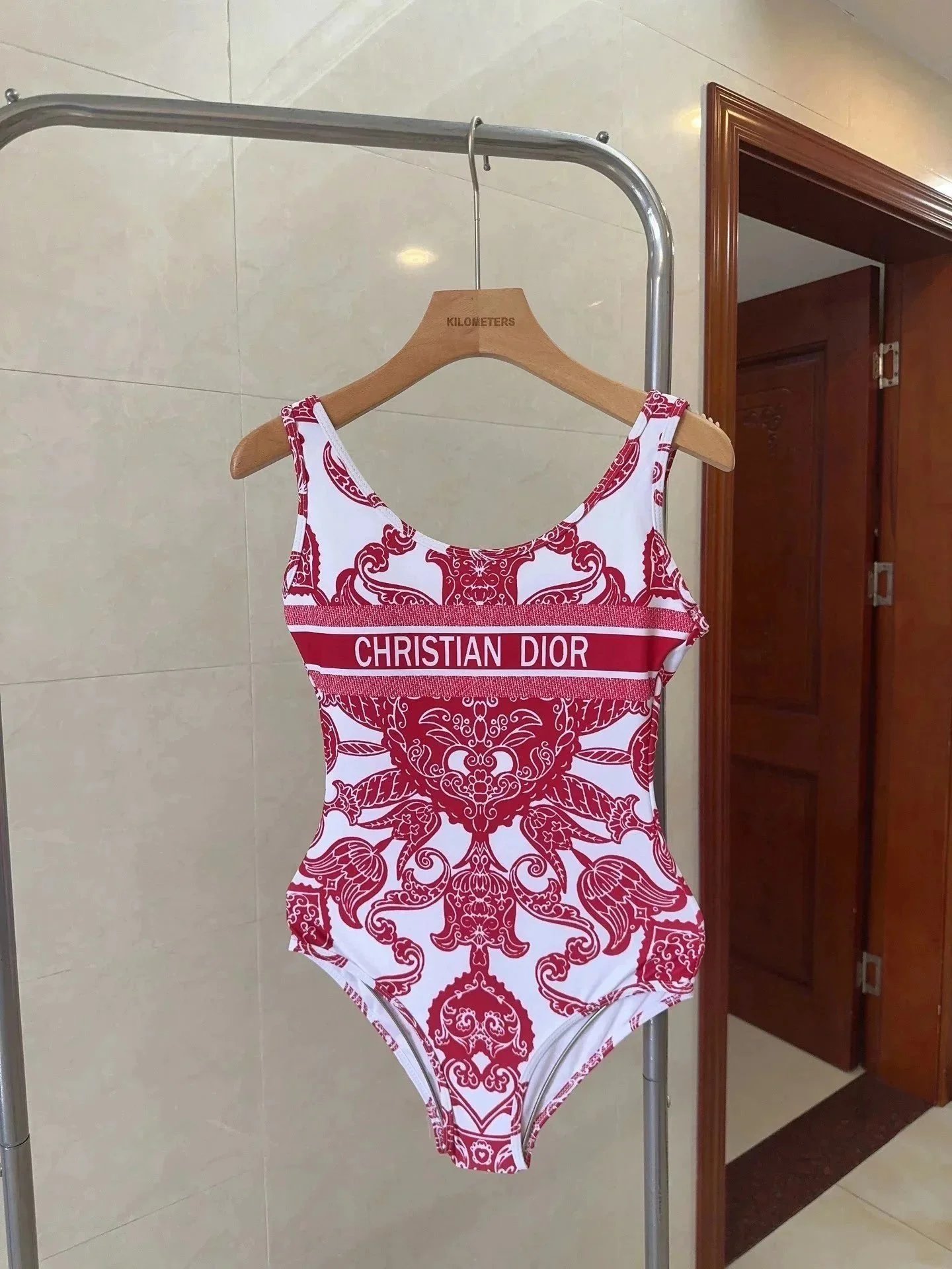 Christian Dior One-Piece Swimsuit with Red & White Paisley Pattern Red