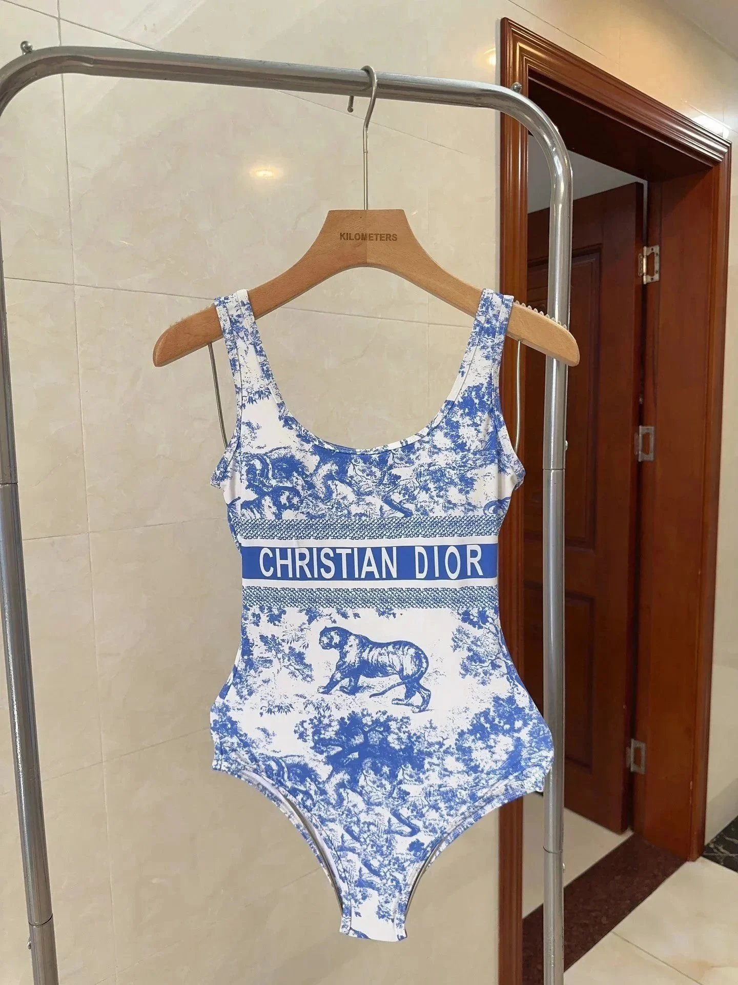Christian Dior Blue & White One-Piece Swimsuit Blue
